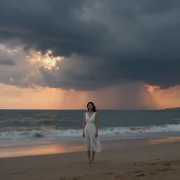 beautiful asian female with white dress standing lonely on the beach, stormy landscape by malczewski, landscape by jakub rozalski, cinematic composition, surreal photography, sunset, dramatic light, digital painting, artstation, simon stalenha, greg rutkowski