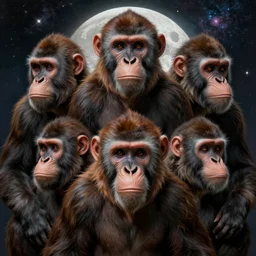 symmetry!! ultra realistic portrait of primates!! moon and galaxy in background!, intricate, elegant, highly detailed, digital painting, artstation, concept art, smooth, sharp focus, illustration, art by artgerm and ross tran and greg rutkowski and alphonse mucha, 8 k