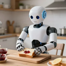 in a cozy kitchen, a humanoid robot prepares a sandwich with jam on the table, realistic light, soft light, focus, depth of field, photorealism, 8 k quality, full quality, realistic style