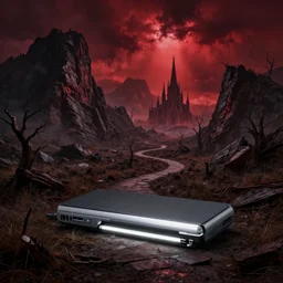 wide angle image, hellish abandoned background landscape, massive rotten mountains, winding path leading to a gothic cathedral in the distance,, haunted, haunting, dead trees, stormy red sky, horror, unsettling, fluorescent light, product photography, by bastien lecouffe - deharme