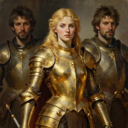 a beautiful valkyrie , half body portrait, blond hair, heavy gold armour, realistic oil painting by Thomas Cole and Wayne Barlowe and Boris Valejo