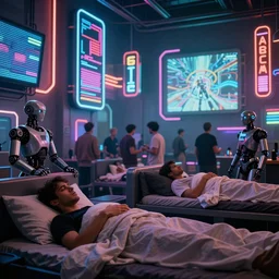 futuristic neon signs in a scene of ( a crowd of people ) waking up, ( robot cyborgs ), ( ( led panel screens and projections ) ), ( ultra realistic ), dynamic lighting, octane render, ( ( vertical led lighting ) ), 3 5 mm lens, film grain
