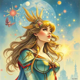 the sailor galaxia. beautiful, realistic painting by mucha and malevich and kuvshinov and bilibin. synthwave watercolor, thick linings, manga, soviet realism