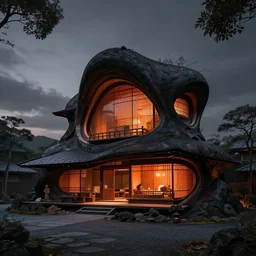 photo of the exterior of a futuristic organic japanese house, dramatic lighting, black and orange colour palette, wide angle shot, archviz