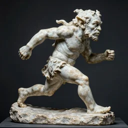 a full figure marble sculpture of a running goblin, rough texture by Rodin and Frazetta