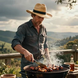 gordon freeman wearing a straw panama hat cooking barbecue on a hot summer day