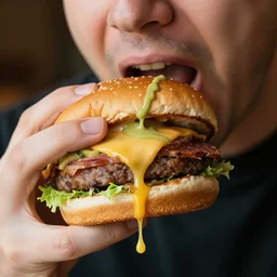 closeup of a man tasting a stinking hambuger with an old green cheese driping yellow blood