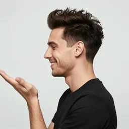 a three quarter profile photograph of a man with a messy pompadour smiling, holding a glass of milk. tritone, green, black and white