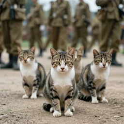a platoon of cats in soldier uniforms in Vietnam, photograph