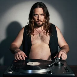 photo of extremely fat jared leto spinning a turntable