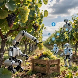 harvesting grapes enabled through technology, harvesting cyberrobots and interconnected android iot systems, robotic harvesting, solarpunk concept art, canon eos