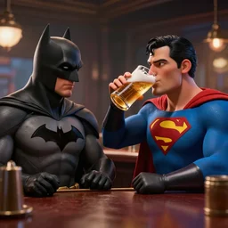 batman drinking beer with superman in a bar, Cinematography, Award winning 3D Render