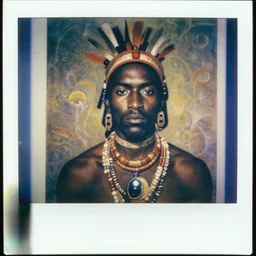 a colorful chromatic abberation, 9 0 s toy commercial, double exposure photo from the 7 0 s, polaroid painting portrait of a african tribal warrior, by zdzislaw beksinski, by ernst haeckel