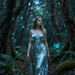a wide shot of beautiful greek goddess in a bioluminescent ancient dark forest, greg rutkowski, 8 k, shallow depth of field, ultra high detail, concept art,