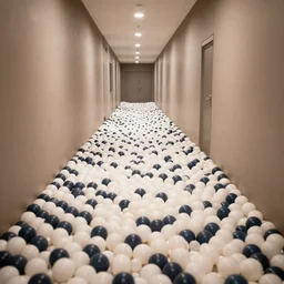endless corridor where the floor is made of a ball pit, highly detailed, 8 k, hdr, smooth, sharp focus, high resolution, award - winning photo