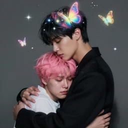 harmony of neon tiny butterfly stars, mute, black haired man yoongi hugging pink haired man jimin crying, by wlop, james jean, victo ngai, rainbow overlay in the hair! beautifully lit, muted colors, highly detailed, fantasy art by craig mullins, thomas kinkade