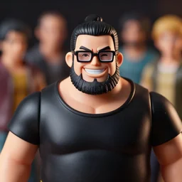 plastic action figure of a buff smiling man with stuble full beard, muscular neck, rectangular shaped glasses and a black bowl cut, wearing a black tshirt, dramatic light, blur, out - of - focus background, by kim jung gi, ric estrada, ron english and eiichiro oda