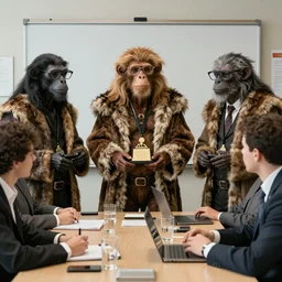 photo of real Neanderthals in a fur clothing and spectacles, in an office board meeting. Highly detailed 8k. Intricate. Sony a7r iv 55mm. Award winning.