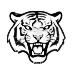 monochrome logotype of a fearless tiger head with vicious large teeths as a super simple quick drawing in very thin black ink
