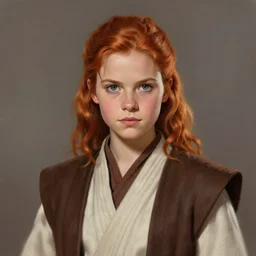 portrait of a woman by greg rutkowski, jedi knight jade skywalker, wavy copper hair, jedi robes, star wars expanded universe, she is about 2 0 years old, wearing jedi robes, highly detailed portrait, digital painting, artstation, concept art, smooth, sharp foccus ilustration, artstation hq