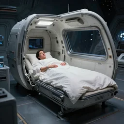 inside a scifi spaceship at night, sleep pod in view