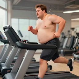 a fat man running on a treadmill heavily sweating, digital art