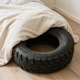 tire in bed covered with blanket