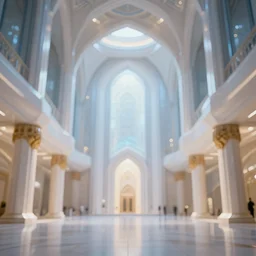 futuristic mosque interior, symmetrical, photorealistic, bokeh