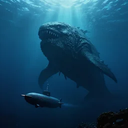 environment under the ocean, a huge monster of the deep emerges out of the darkness of the deep ocean waters to attack a small submarine, Beksiński, Achenbach, horror, eerie lighting, god rays