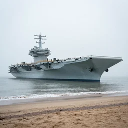 on a foggy morning, there was a grounded aircraft carrier on the beach, by craig mullins