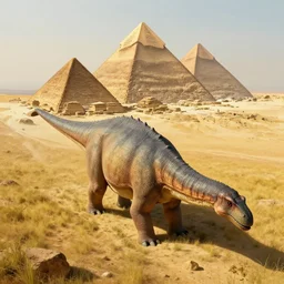 giant stegosaurus guarding the pyramids in an ancient grassy egyptian landscape, from above, high quality digital art, concept art, trending on artstation, award winning, fantasy matte painting