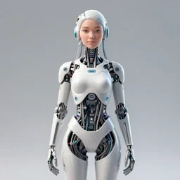 a beautiful 3d render of a solarpunk woman integrating with technology, full body portrait in the center of the frame, detailed intricate cables and cybernetic body parts, by android jones, octane 3d render, featured on artstation