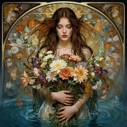 portrait of a beautiful mysterious woman holding a large bouquet of flowing flowers, wet dripping long hair, hands hidden under the bouquet, emerging from the water, fantasy, regal, intricate, by stanley artgerm lau, greg rutkowski, thomas kindkade, alphonse mucha, loish, norman rockwell