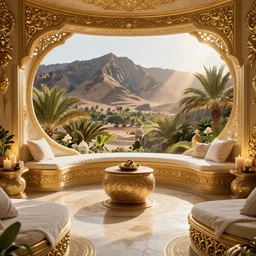 surreal hyper luxury spa with intricate golden details with view to arid mountains and palm forest, god rays, candles, ultra detailed, photorealism, sharp focus, volumetric light, global illumination