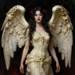 gustave dore beautiful desirable vampire girl with ivory skull wings with some crimson, black background, beautifully lit, hyperdetailed, lighting, featured on artstation, by james jean, moebius, cory loftis, craig mullins, rutkowski, mucha klimt and tom bagshaw, 4 k, micro details