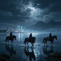 nightmare scene, surreal, they crossed a flooded plain with the footed shapes of the horses reflected in the water among clouds and mountains and the riders slumped forward and rightly skeptic of the shimmering cities on the distant shore of that sea whereon they trod miraculous.