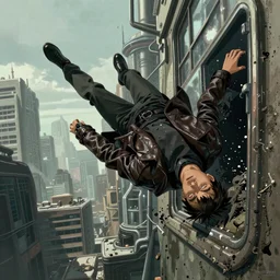 movie poster of an android falling off a large windowed building in a muddy cyberpunk city, muted colors, anime, futuristic, highly detailed, octane render, movie poster, wearing a leather trench coat, realistic face details, realistically proportioned face, illustration, digital painting, matte painting, good value control, rule of thirds, in the style of arcane