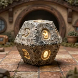 ancient d 2 0 sided dice of power, by alan lee, detailed textures, soft glow, hobbit hole interior, tile floor.