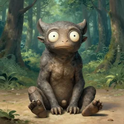 a large creature sitting on the floor with eyes wide open a field that looks like a forest by michelangelo