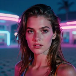 A hyper realistic and detailed head portrait photography of Rebecca Romign of Baywatch on a futuristic beach. by Annie Leibovitz. Neo noir style. Cinematic. neon lights glow in the background. Cinestill 800T film. Lens flare. Helios 44m