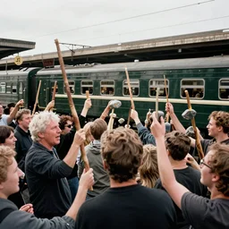 a lot of aggressive a crowd of 4 0 people, holding sticks and stones, against the background of a dark green train, railstation, greg rutkowski