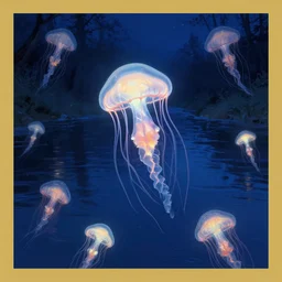 glowing jellyfish immigration under a river, evocative, mystical night, detailed, award - winning, trending on artstation artwork by thomas kinkade,