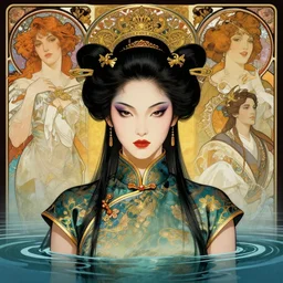 portrait of a cyberpunk samurai woman wearing a cheongsam, symmetrical face, emerging from the water, fantasy, regal, by stanley artgerm lau, greg rutkowski, thomas kindkade, alphonse mucha, loish, norman rockwell.