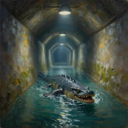 a beautiful landscape painting, a water monster that lives in a single lane tunnel with overhead lights, by sam guay, moody lighting, hyperrealism, 4 k, octane render