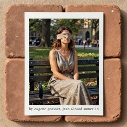 by eugene grasset, by jean giraud sumerian, clay blocks. a print of a blind woman sitting on a bench in a park in new york city