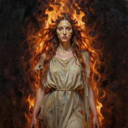 oil portrait | full medium shot | front close - up | dressed in long rags, fire in your hair, ethereal, biblically accurate multidimensional goddess, tiny ornaments of white gold in your face, octane render, devianart, fine art, intrincate. by peter mohrbacher, marc simonetti and anna podedwor