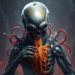 terminator in a spaghetti, hyper detailed, digital art, artstation, cinematic lighting, studio quality, smooth render, by peter mohrbacher, hajime sorayama, wayne barlowe, boris vallejo, aaron horkey, gaston bussiere, craig mullins