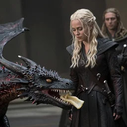 A film scene of Sarah Michelle Geller in the TV series Game of Thrones, with a dragon eating a vampire in the Bakcground, High detail