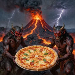 masked demons grabbing a large pizza!!!, in the background is a volcano spewing lava and black smoke, streams of glowing hot lava, flashes of lightning in the distance. wide angle, long shot, an ultrafine detailed painting by picasso, deviantart, pop surrealism