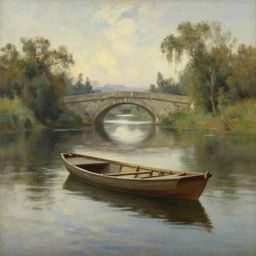 oil painting of calm river with wooden boat, stone bridge, art by anders zorn, wonderful masterpiece by greg rutkowski, beautiful cinematic light, american romanticism by greg manchess, creation by tyler edlin